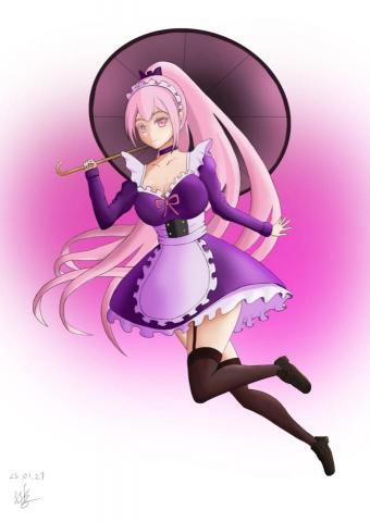 鄭鴻 - 女僕裝，某天突然心血來潮想要畫，就去蒐集資料開畫，本來想要讓角色端餐盤然後快摔倒的姿勢，但是後續還是決定用雨傘作為大物件來撐開畫面，雖然效果沒有很好就是了