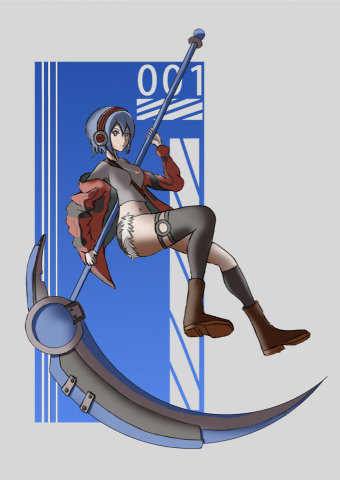 鄭鴻 - 科幻風，本來是想要讓角色手持雙槍，可是覺得畫面張力不夠，最後選擇用鐮刀來增加畫面張力