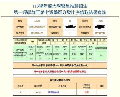 王伯睿 - 高中在校成績及繁星錄取證明