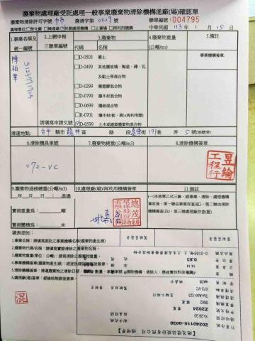 陳柏華 - 台中市龍井區遠東街191巷5號合法土石清運證明
清運卡車業主：昱綸工程行
土石合法處理場：總茂環保股份有限公司
