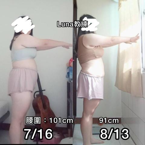 Luna教練&阿正營養師 - 線上學生成果：八堂視訊健身+專業營養師提供飲食建議及客製化菜單，都吃很飽沒有節食，腰圍-10公分、體重從79減了4公斤現在75.2，沒有很嚴格的飲控有吃到想吃的東西還是能有效果??
