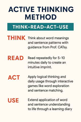 發明主委陳老師（專屬點子激盪） - 「思考活用法（思 &rarr; 讀 &rarr; 活 &rarr; 用）」 - 創意英語學習坊 課程理念
? 思考活用法 4步驟藍圖：
1. 思 &rarr; 思考字義與句型探索
學員先「想」而不是死背
這個字有什麼核心意思？
2.  讀 &rarr; 反覆朗讀，形成直覺印記
每日 5&ndash;10 分鐘，讓口腔和耳朵建立「自然反應」。
3. 活 &rarr; 邏輯思考，生活運用
   不只讀句子，而是活化
4.用 &rarr; 字句理解活用，延伸生活應用
   吸收新知