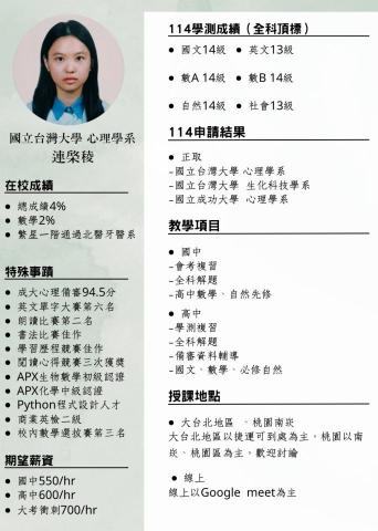 連棨稜 - 家教相關資訊