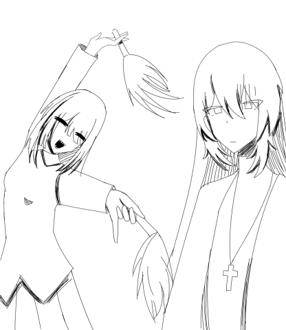 秋暮夕月 - 黑白双人半身插图