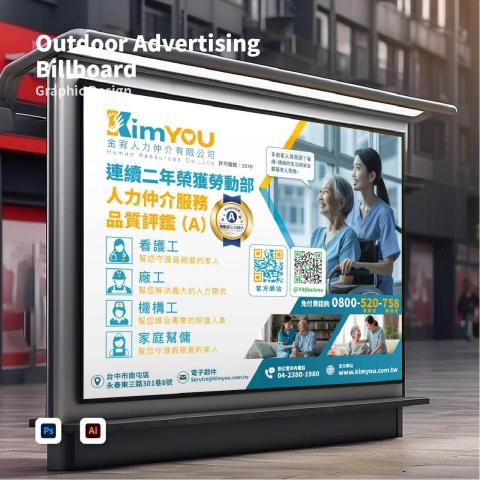 Wings XIII 聯合設計工作室 - 金宥人力仲介 - 本戶外大型廣告看板旨在突顯國際移工人力仲介公司的專業與信譽，以暖橘黃色與藍綠色作為品牌主色調，分別傳遞關懷與穩定的形象。設計主軸圍繞「看護」主題，選用三張溫暖的人物影像，展現看護人員推輪椅、協助日常生活的溫馨場景，直觀傳遞服務核心價值。