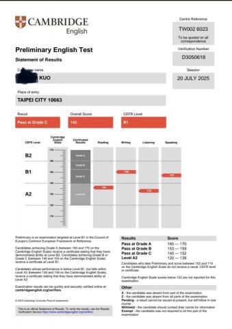 Albert Huang  - 20257/20 場次Pet 通過（grade c)（升高二）