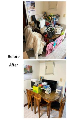 辛蒂居家整理師 - 參雜大人小孩物品的餐桌整理後有秩序，待吃完桌上食物即可使用餐桌用餐