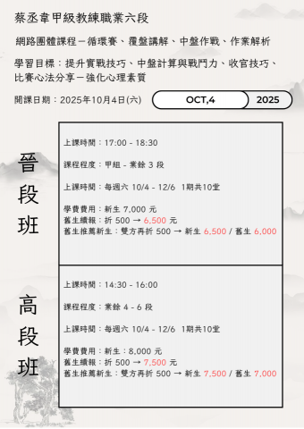 蔡丞韋 圍棋甲級教練 職業六段 - 2025/10月份線上團課