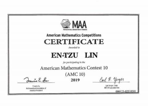 林恩慈 - 2019年 AMC10 優良證明