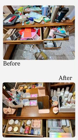 辛蒂居家整理師 - 客戶原本都在五斗櫃梳化、保養吹頭髮，但是沒有注意高腳椅與自己身高的總高不符合立式吹風機高度，經過整理與調整完美完成客人小願望!順便把長期亂堆積物品的化粧桌回歸正常使用~