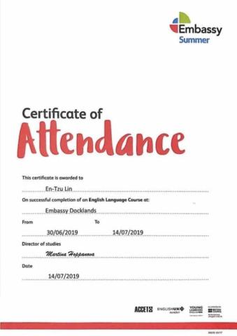 林恩慈 - 2019年參加 Embassy Summer 英國倫敦遊學團 課程等級:高等 參加證明