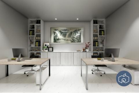 林果室內裝修工程行黃治杰 - 辦公室以淺灰與木質桌面為基調，呈現專業且沉穩的氛圍。雙人工作桌的配置，搭配整面收納櫃，讓空間兼具整齊與實用性。牆面掛上山水畫作，增添文化底蘊，同時營造出放鬆與專注並存的工作環境。整體設計以 簡潔、機能與質感 為核心，讓工作氛圍更舒適高效，適合中小型團隊或個人辦公使用。