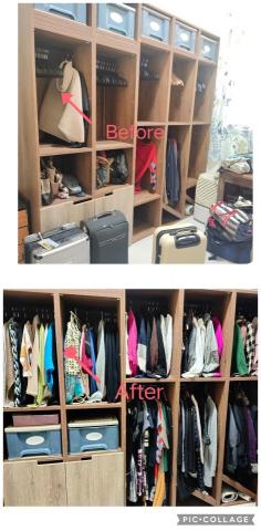 家政婦の理療沙龍 - 原有收納櫃體及道具不足，將原有的酒櫃改裝成吊桿+現有的抽屜式收納箱，滿足客戶擁有更衣室空間的需求。