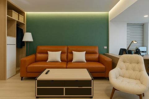 穿承室內裝修設計 - 藝術漆沙發背牆,搭配米棕色家具與淺色木紋地板