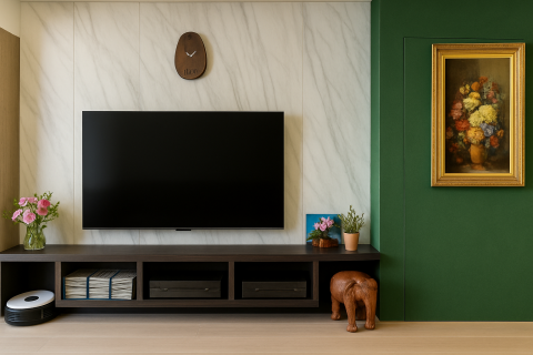 穿承室內裝修設計 - 木作隔間電視牆與儲藏間,面材選用藝術漆與石紋美耐板作區隔,搭配系統懸空電視櫃