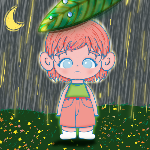 鄭晴軒 - 以色彩明亮的人物和背景形成對比，凸顯人物的獨特性。顏色的部分是以春天為主題進行發想。

大家喜歡流星，不喜歡下雨，但換個角度想雨絲不就很像垂直的流星嗎？其實也算是一種『流星雨』呢！