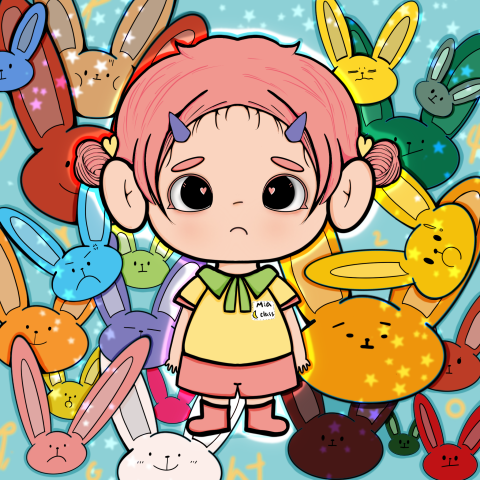 鄭晴軒 - 被兔兔包圍的女孩。以鮮艷明亮的顏色凸顯孩子的童趣，是第一次上幼兒園有點難過的小女孩，但相信他在之後的幼兒園旅程中會漸漸發現其中的樂趣的！