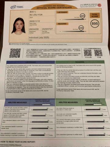 蘇柔勻 - 多益成績單