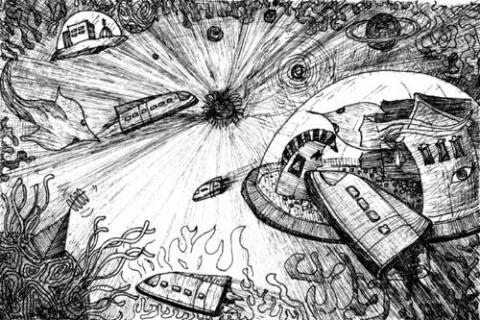 Art Beyond Limits - 草上飛科學探險（2002，針筆，出版品；書籍 14.5 &times; 21 cm）