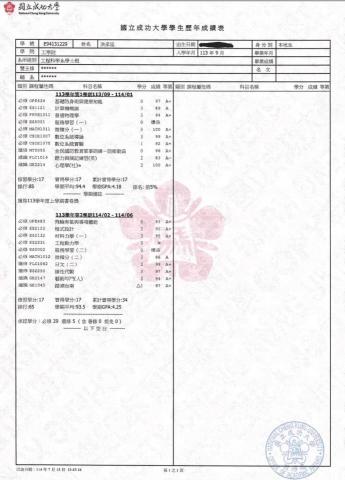 洪承廷 - 成大歷年成績單