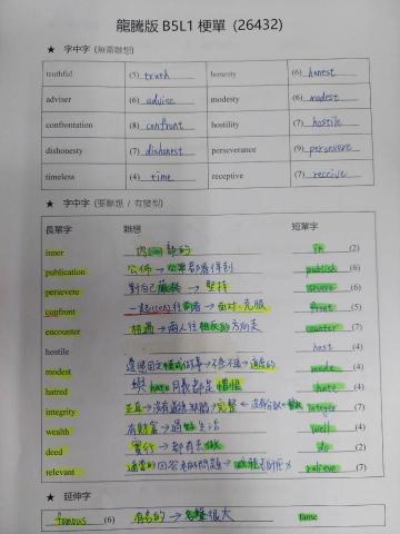 莊瓊雯 - 學生筆記:針對每課單字練習, 如B5L1