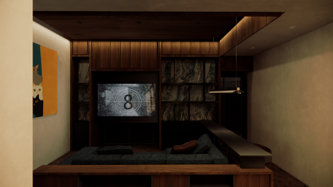 新落_室內設計工作室 - 案場為19坪新成屋，業主為四人小家庭。
此張圖為客廳，傍晚時分窗簾與投影布幕放下，享受家人溫馨的相伴時光。