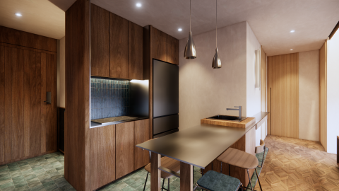 新落_室內設計工作室 - 案場為19坪新成屋，業主為四人小家庭。
此張圖為開放空間廚房與餐廳。