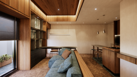 新落_室內設計工作室 - 案場為19坪新成屋，業主為四人小家庭。
此張圖為客廳。