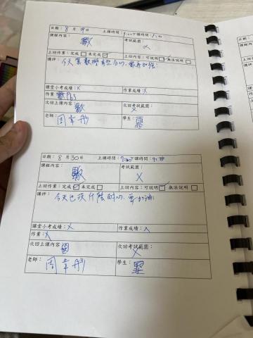 周韋彤 - 國小全科家教，小孩較不好配合，家長也無法忍受孩子吵鬧並不明事理，自製的聯絡簿