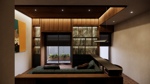 新落_室內設計工作室 - 案場為19坪新成屋，業主為四人小家庭。
此張圖為客廳，白天窗簾開啟狀態，窗外風景與採光一覽無遺。