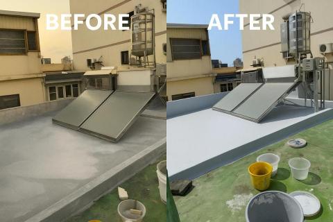 琚築美居企業工程/清潔/油漆/鍍膜/空調/水電/防水 - 琚築團隊進場後，從 基面清理 → 補強修復 → 防水塗料層層施作，完整進行防水工程。
最終呈現出 平整、無縫、潔白如新的防水層，不僅提升屋頂的耐候性，更大幅延長建築壽命。