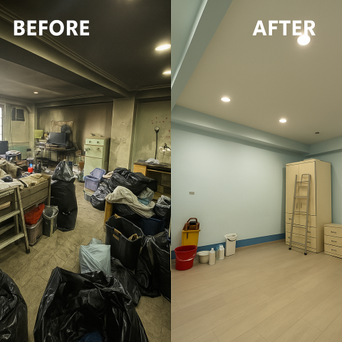 琚築美居企業工程/清潔/油漆/鍍膜/空調/水電/防水 - 琚築團隊進場後，從 全面清潔、除去火災痕跡、牆面修復，到專業油漆翻新，一步步讓這個空間重獲新生。
經過細緻的處理與用心的翻修，曾經黯淡的房間，如今成為 明亮、整潔、舒適 的生活空間。
✨ 從「毀損」到「煥然一新」，我們不只是施工，更是在還原一個能安心生活的家。
—— 這就是琚築的價值。