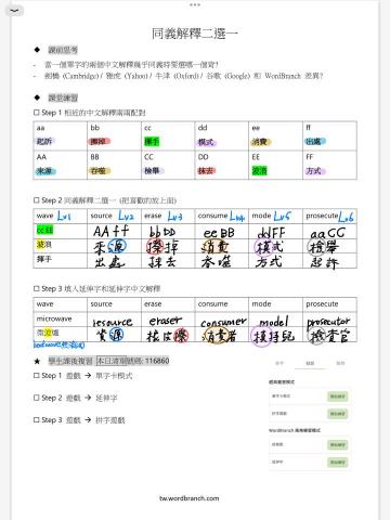 莊瓊雯 - 老師端教學筆記: 教導學生一個字有二種的意思, 要選哪一個記,效果最好, 然後再用APP來做複習單字, 效果加倍