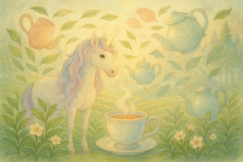 范先生 - 以獨角獸結合童話故事書的奇幻感，結合茶業文化意象，融入茶莊背景。
