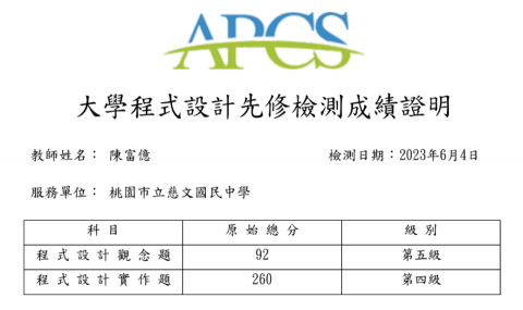 Michael Chen - 我的APCS大學程式設計先修檢測成績證明
