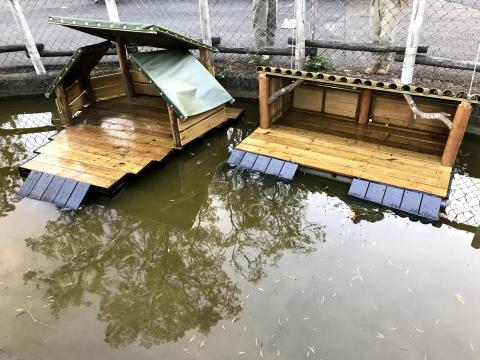 劉適仲 - 水禽平台，河道裡放置水禽平台，使鴨、鵝能自由的於水池裡活動，也提供能夠躲藏棲息的空間，餵食飼料也可避免老鼠的干擾。