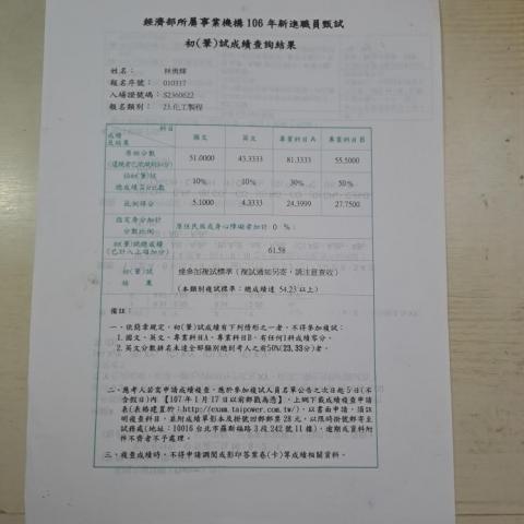 林勇輝 - 國營事業新進職員招考（化工製程）筆試成績通過