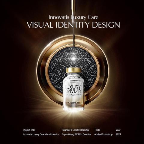 睿奇設計顧問 - Project Title:
Innovatis Visual Identity Design

深咖啡色的沉穩底蘊，襯托金色的尊貴光澤，中央黑色魚子醬象徵珍稀精粹，與金色滴管交織，詮釋科研淬鍊的極致養護。系列產品靜置於奢華之境，如同藝術典藏般散發光芒，呈現品牌「高效、極簡、奢華」的核心理念。這是一場關於時間、稀有與優雅的藝術儀式，讓每一次凝視，皆化為尊榮不朽的體驗。