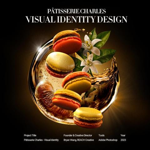 睿奇設計顧問 - Project Title:
Pâtisserie Charles - Visual Identity

這次視覺基底我選了深咖啡色，為了讓咖啡原料的厚實感能直接被感受到。畫面聚焦在透亮的橙色凝珠，將花果糖漬的香氣都凝結在裡面。我用馬卡龍的色彩對比和周圍元素呼應，呈現甜點的多層次與精緻口感，希望每位觀者都能感受到這份獨特的巧克力與花果香氣和手作工藝的細膩。