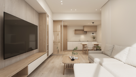 舍享空間設計 - 以自然光為主角，溫潤的木質與柔白牆面交織出一種靜謐的生活節奏。開放式客餐廳延伸視覺尺度，讓家的動線更流暢，也讓生活的互動更自在。電視主牆以木紋肌理鋪陳，搭配簡約收納，讓視覺乾淨卻不失層次；廚房與餐桌之間的比例拿捏，則呈現出空間的和諧與溫度。柔和光線灑落在沙發與木桌上，每一個角落都散發著家的安定感。舍享相信，設計的本質不在於繁複的裝飾，而在於營造出讓人真正放鬆、感受生活質地的空間。