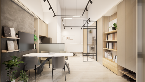 舍享空間設計 - 舍享空間設計的辦公室延續品牌一貫的設計理念——「以人為本，讓空間回歸生活」。整體以米灰與淺木為主調，搭配俐落的鐵件線條，形塑出兼具專業與溫度的工作氛圍。開放式配置讓討論與靈感自然流動，而展示牆上陳列的材質樣本，則成為設計過程中最真實的靈感對話。這裡不僅是一處辦公場域，更是每個設計案誕生的起點——在光影、材質與人之間，持續實踐「分享空間、共享生活」的精神。