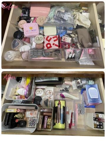 左手的室野 - 善用合適大小的收納盒，依照“用途”分類彩妝用品（底妝、眼部、臉頰、唇彩、工具類等等）。“立式收納”更直覺好拿取。空間限制量，開封後3個月內用完，不再被效期追著跑！