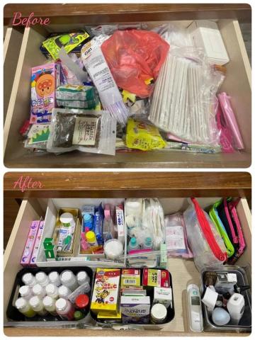 左手的室野 - 醫藥類：先篩選過期品，依照“外用、內服、醫材”分類，抽屜也能整齊好用。一進一出，不囤貨。