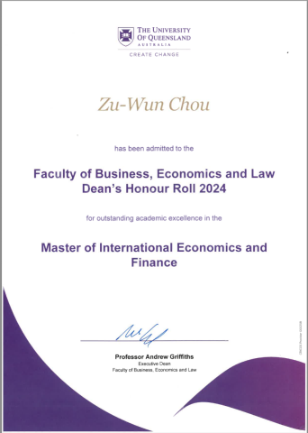 Wendy Chou -- 專業課程輔導 - 於世界排名前五十的昆士蘭大學表現突出，獲列院長嘉許。