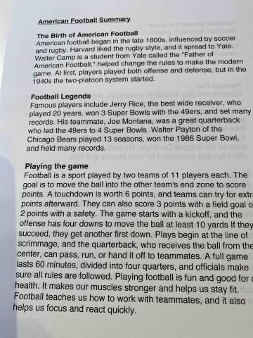 Rise Up English Tutoring - 公立學校國小五年級學生，在上課之前是美國小三程度。一年半之後，達到美國小五閱讀及寫作能力。此篇為美國足球摘要第一頁。