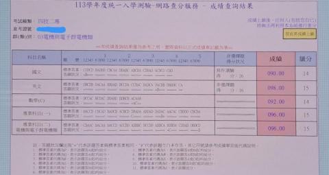 陳陞柏 - 統測成績