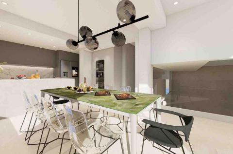 大造設計有限公司 - 低調老錢又極簡的餐廳，翠綠長桌承載全家的記憶，成為空間中的視覺焦點。
天母, 2025-(施工中）