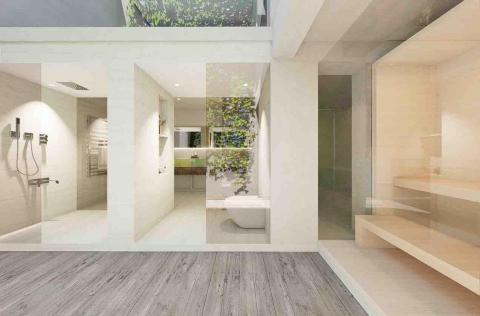 大造設計有限公司 - 洞石壁面配合翠綠大理石檯面，結合辦戶外桑拿區，陽光及微風撒在攀藤植栽及實木棧道，將地下室翻轉為家中最放鬆舒壓的一道景觀。
天母, 2025-(設計中）