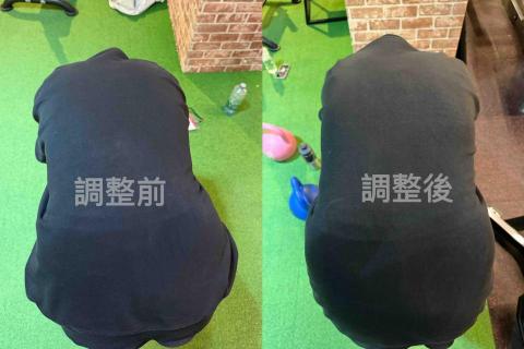 Coach Jay 上傑 - 這位學員因工作關係長時間久坐，時常腰酸背痛，訓練時抓不到肌肉感受度，也感覺重心偏一側，請學員做了軀體摸地板測試，明顯發現重心偏移，測試後得知腰方肌緊繃。
立馬幫學員做美式整復調整，調整後明顯重心偏回到中立位，學員也說訓練的體感變好，肌肉感受度提升！