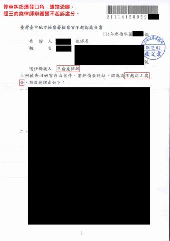 王俞堯律師 - 成功案例：停車糾紛爆發口角，遭控恐嚇，經王俞堯律師辯護獲不起訴處分。